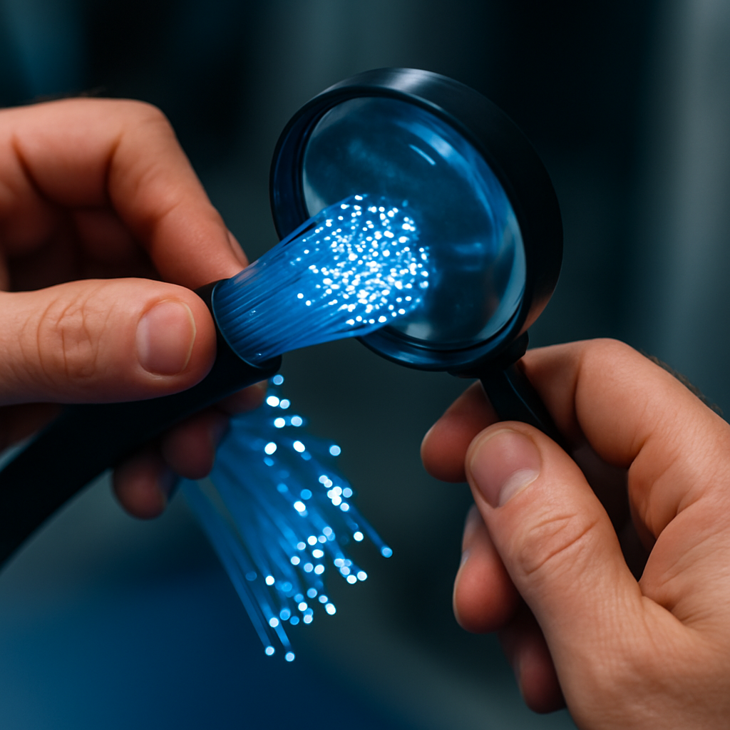 Hands holding magnifying glass and cable