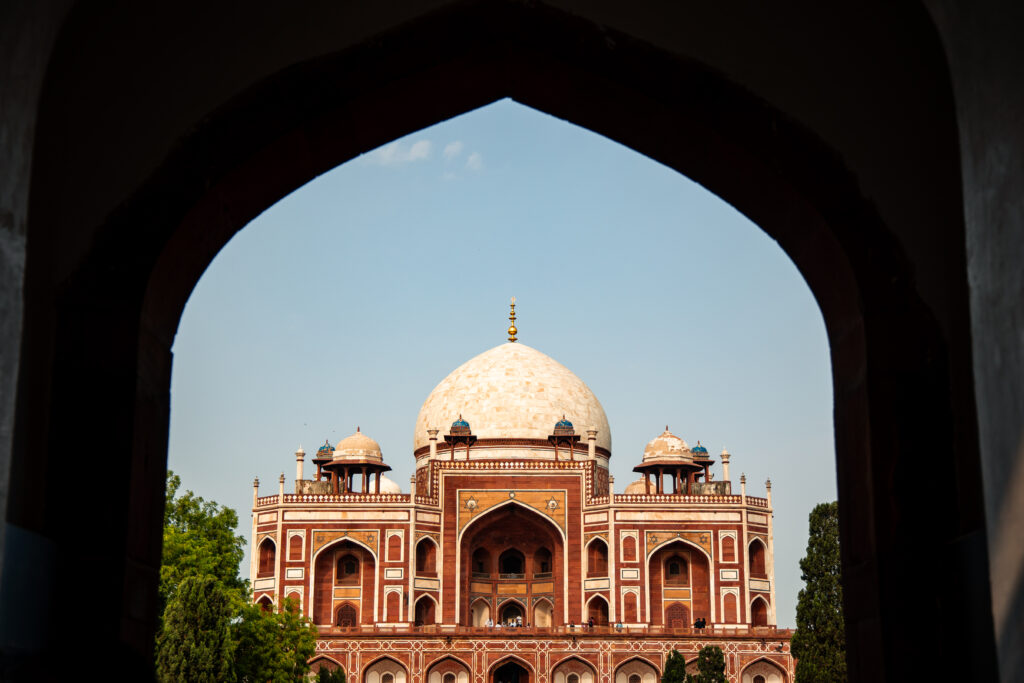 Humayun's Tomb framed by arch in Delhi, India